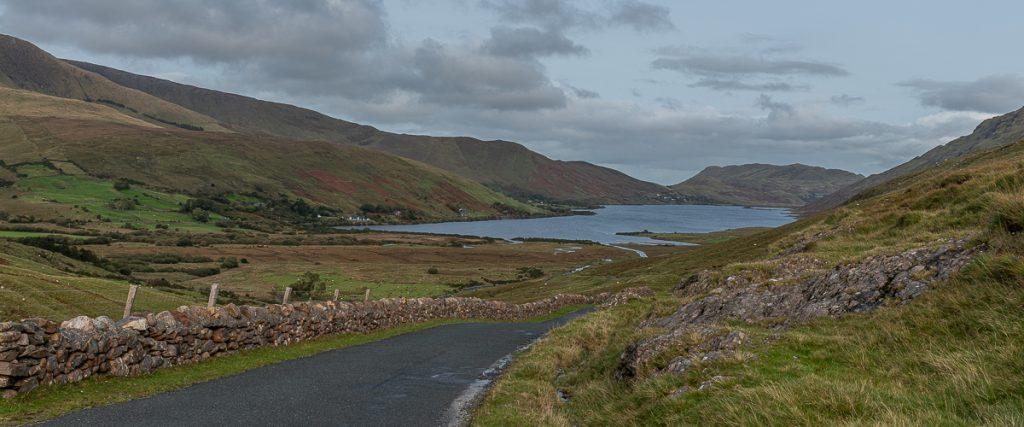 cycling in connemara. view heading down to lough nafooey